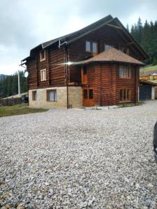 a log house with a gravel driveway in front of it at Villa Filiak in Yablunytsya