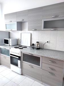 a kitchen with a stove and a microwave at Апартаменты Жаяу Мусы 7А in Pavlodar