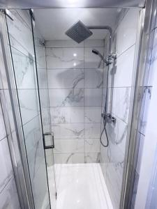 a bathroom with a shower with a glass door at Garden Studio flat in Hendon in Hendon