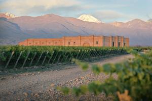 a building in the middle of a field with mountains at Andeluna Winery Lodge in Tupungato