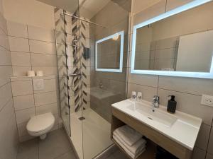 a bathroom with a sink and a toilet and a shower at Hôtel Les Charmilles in Besse-et-Saint-Anastaise