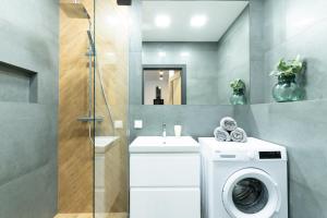 a bathroom with a washing machine and a sink at Slow River Apartment in Nowe Miasto Lubawskie