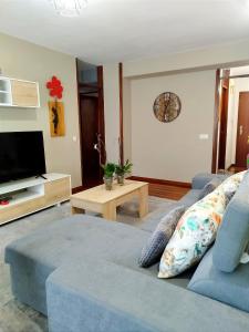 ein Wohnzimmer mit einem blauen Sofa und einem TV in der Unterkunft Piso Plaza Roja Centro zona nueva in Santiago de Compostela