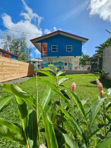a blue house in a yard with plants at Fish Tobago Guesthouse or Joy and Brandon Guesthouse in Buccoo