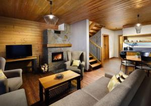 sala de estar con sofá y chimenea en Chalets Jasná Collection Záhradky, en Demänovská Dolina