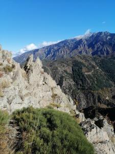 vistas a una montaña con árboles y rocas en Chèvrefeuille gîte & chambre d'hôtes, en Moltig les Bains