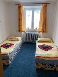 2 camas individuales en una habitación con ventana en Penzion Tereza, en Horní Vltavice