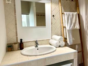 une salle de bain avec un lavabo, un miroir et des serviettes dans l'établissement Appartement l'Arancetu vue mer avec piscine, à Biguglia 5 autres photos