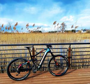 a bike is parked on a wooden boardwalk at Slow River Apartment in Nowe Miasto Lubawskie