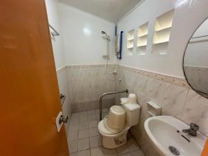 a bathroom with a toilet and a sink and a mirror at Dancalan Beach Resort in Donsol