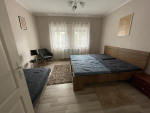ein Schlafzimmer mit einem Bett, einem Stuhl und einem Fenster in der Unterkunft Borostyán Vendégház in Verpelét