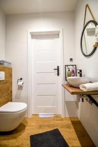 a bathroom with a white toilet and a sink at Apartament Magiczny Widok z widokiem na góry in Poronin