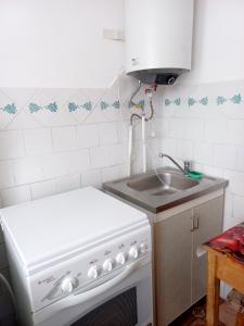 a kitchen with a white stove and a sink at Apartments in Lviv in Lviv