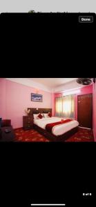 カトマンズにあるGlobal hotelのピンクの壁のベッドルーム1室(ベッド2台付)