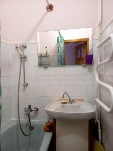 y baño con lavabo y ducha con espejo. en Apartments in Lviv en Leópolis
