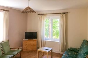 a living room with a tv and a couch and a window at Chalet Cosy Lisière de Forêt in Xonrupt-Longemer