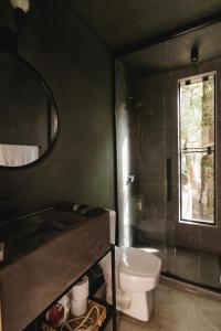 a bathroom with a toilet and a glass shower at Arau Cabana Cheiro de Mato in Flores da Cunha