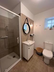 a bathroom with a shower and a toilet and a sink at Grand gîte de la Ferme De La Tourelle in Longues-sur-Mer