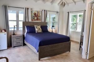 1 dormitorio con 1 cama con sábanas azules y ventanas en The Moxy, en English Harbour Town