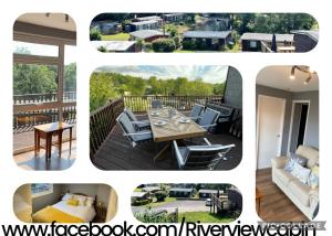 a collage of photos of a porch with a table and chairs at 180 River View Cabin in Caeathro