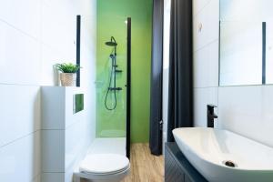 a bathroom with a sink and a toilet and a shower at Central LOFT in Nowe Miasto Lubawskie