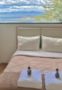 ein Schlafzimmer mit einem Bett mit zwei Handtüchern darauf in der Unterkunft Casa Austral vista única de toda la ciudad de Ushuaia in Ushuaia
