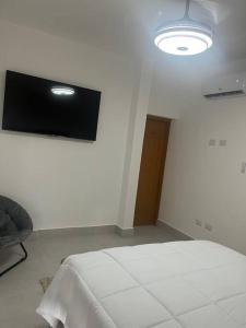 um quarto com uma cama e uma televisão na parede em Espectacular alojamiento em Punta Cana