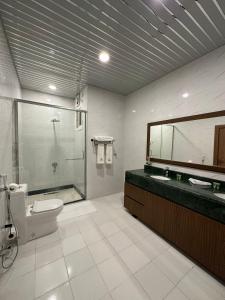 a bathroom with a toilet and a shower and a mirror at Vista Haql Hotel in Al Humaizah