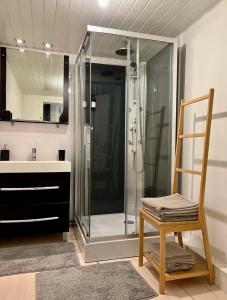 La salle de bains est pourvue d'une douche, d'une chaise et d'un lavabo. dans l'établissement LE CHAMPENOIS, Avenue de Champagne, à Épernay