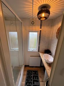 ein Bad mit einem Waschbecken und einer Glasdusche in der Unterkunft Camping 't Venhop in Berkhout