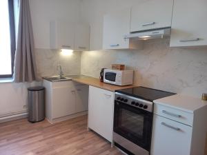 a kitchen with white cabinets and a microwave on a counter at Appartement Les Iris, au calme, proche du centre in Remiremont