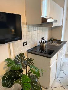 eine Küche mit einer Spüle und einem Wasserkocher auf der Theke in der Unterkunft La Suite Rooms & Apartments in Bologna
