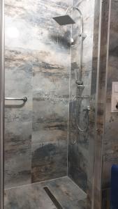 y baño con ducha y puerta de cristal. en Vár-i Apartman, en Balatonmáriafürdő
