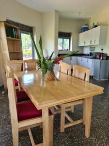una mesa de comedor de madera con sillas y una cocina en Nile retreat, en Jinja