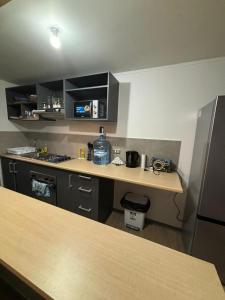 eine Küche mit einer Arbeitsplatte und einem Kühlschrank in der Unterkunft Acogedor departamento arica in Arica