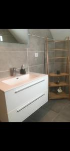 een badkamer met een witte wastafel en een plank bij Maison récente très spacieuse in Forges-les-Bains
