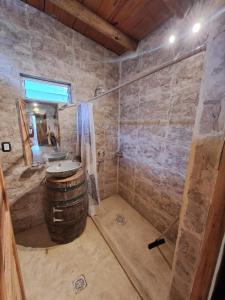 a bathroom with a barrel sink and a mirror at Mañana campestre in Chilecito