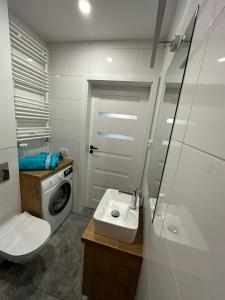 La salle de bains est pourvue d'un lavabo et d'un lave-linge. dans l'établissement Apartament w chmurach, à Toruń