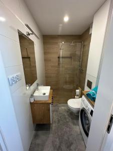 La salle de bains est pourvue d'un lavabo et d'un lave-linge. dans l'établissement Apartament w chmurach, à Toruń