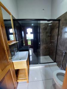 a bathroom with a shower and a sink and a toilet at Cabañas El Mirador in El Soberbio