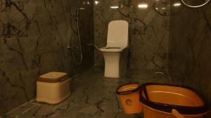 Bundeli Resorts في Rājgarh: حمام مع مرحاض وسلة مهملات