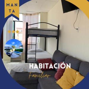 a room with a bunk bed and a couch at HOSTAL SAN MARINO in Manta