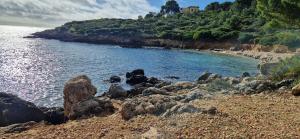 una spiaggia con rocce e un bacino d'acqua di Seaview Villa Lazzaretto a Fertilia