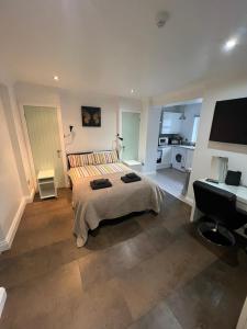 a bedroom with a bed and a desk and a piano at Mildmay Road Apartments in London