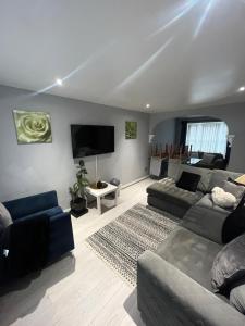 sala de estar con sofás y TV de pantalla plana. en Stylish Darlington Townhouse Near A1 A66 & A19 Breakfast en Darlington