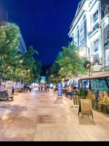 Una calle de la ciudad de noche con gente caminando en ella en Skopje Luxury Apartments en Skopje