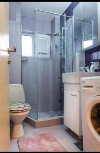 y baño con ducha, aseo y lavadora. en Skopje Luxury Apartments en Skopje