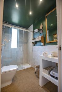 La salle de bains est pourvue d'une douche, de toilettes et d'un lavabo. dans l'établissement LUXURY CASA DÚPLEX acceso directo a pistas y garaje, à Sierra Nevada