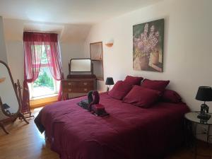 ein Schlafzimmer mit einem großen Bett mit roten Kissen in der Unterkunft Les Maisons des Halles in Cerisy-la-Forêt