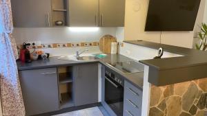 uma pequena cozinha com um lavatório e um balcão em Zentrale, moderne Wohnung in Graz em Graz